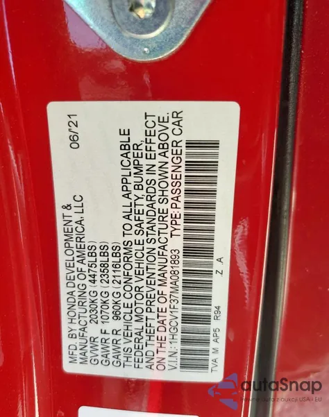 2021 Honda Accord Sport из США, поврежденный, VIN 1HGCV1F37MA081893